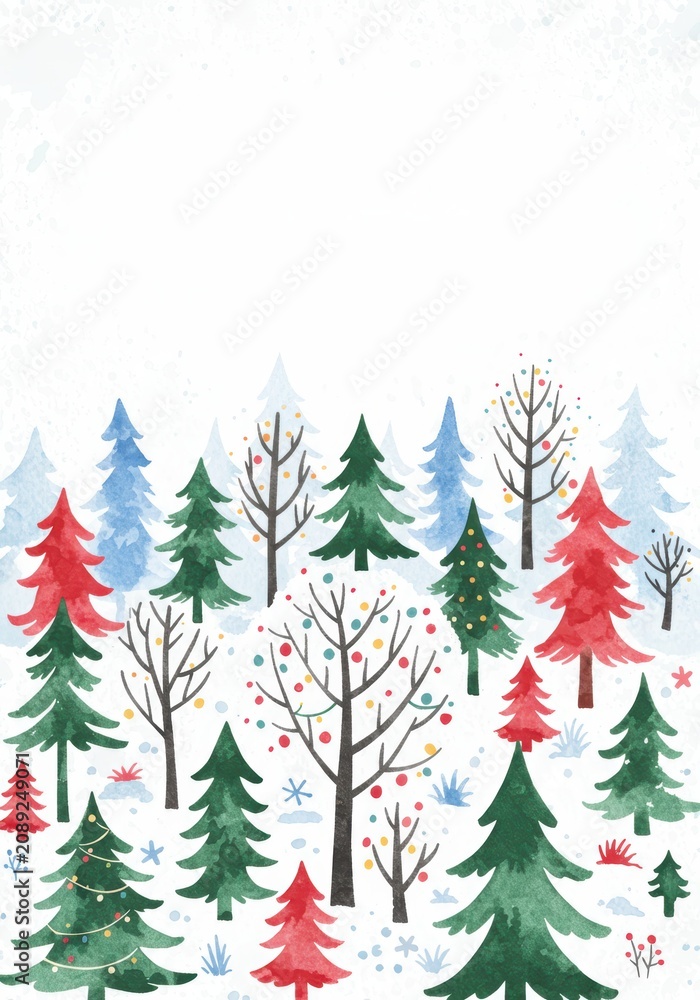 Obraz premium Winter forest landscape with christmas trees and snow with copy space. Watercolor illustration with cozy holiday scene among trees for card template, print, poster, book, banner, flyer. 