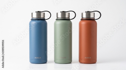 Water bottles in a clean studio setting with soft lighting for product display.