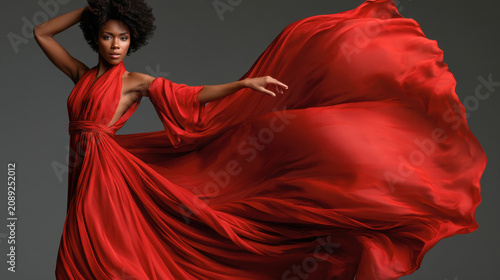 Woman wearing flowing red dress posing in studio against gray backdrop. Jazz Appreciation Month