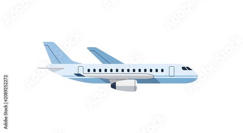 A light blue and white passenger airplane flying, depicted in a simple, flat illustration style.