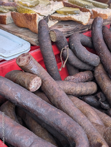 Traditional Polish Sausages Bread Pickles Display