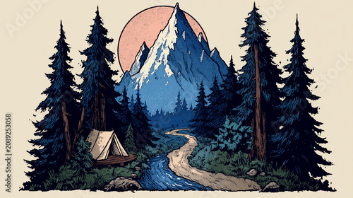Camping adventure in mountain landscape with snowy peaks and pine trees illustration, mountains