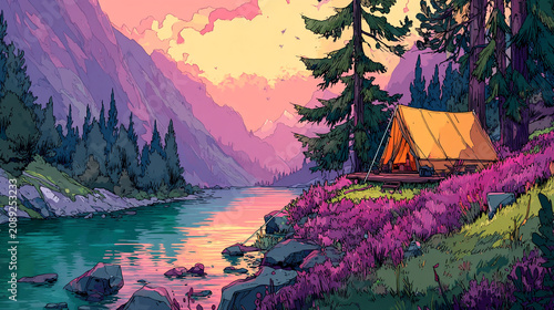 Idyllic riverbank camping scene with mountains and wild flowers at golden hour landscape outdoors