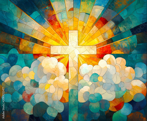 Cross in radiant light – Christian stained glass symbolizing faith, hope, and spirituality. AI generative.