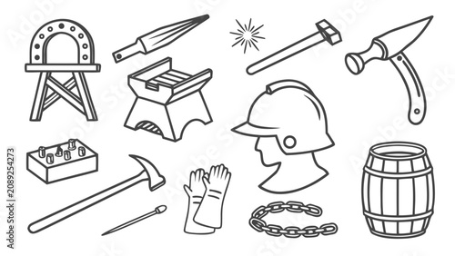 Schilderij op canvas Blacksmith tools and equipment illustration with hard hat, blacksmith workshop