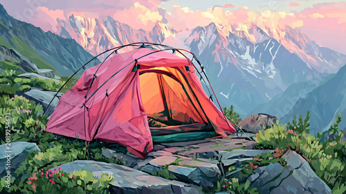 Red camping tent on rocky mountain summit at sunset with mountain adventure landscape wilderness