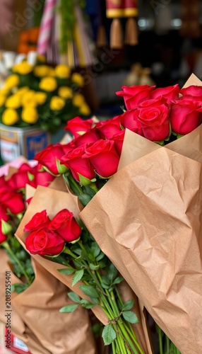 Bunches of red roses wrapped in brown paper at the Pak Klong Talad flower market, ||red roses, petals