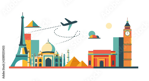 Travel around the world with famous landmarks and airplane illustration