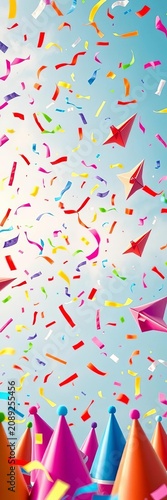 Colorful confetti falls from a hand-drawn sky amidst fluttering paper airplanes and party hats, ||celebration, whimsical