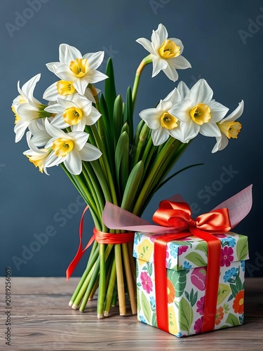 Fresh bouquet of white narcissus flowers and a gift wrapped in colorful paper, flower arrangement, || colors