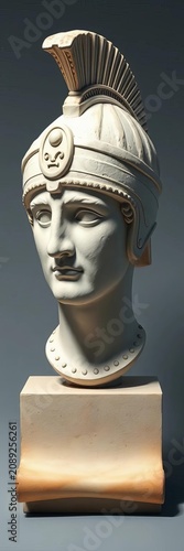 Gypsum head sculpture bust Roman army helmet ancient coin papyrus scroll icon with long shadow vector, cultural heritage, historical symbol
