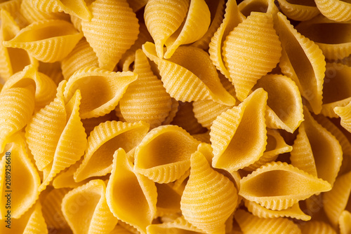 Dry pasta shells as textured background. Shot from above. Background and textures.