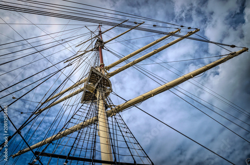 Intricate tall ship mast with camplex rigging system