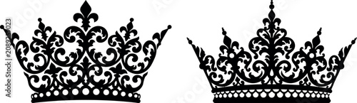 Foto Ornate royal crown vector set featuring two elegant black vintage tiaras with intricate floral filigree details for luxury, monarchy, wedding, heraldry, and regal design