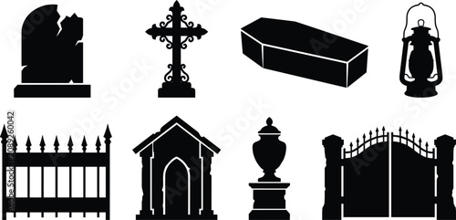 Photos Halloween Cemetery Silhouettes Collection with Tombstone Coffin Cross Mausoleum