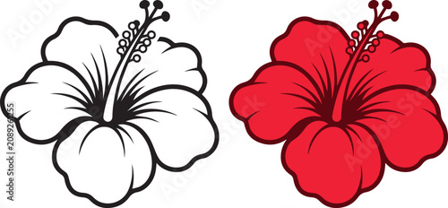 Hibiscus Flower Set Black White Vector Illustration