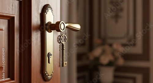 Ornate gold door handle with vintage key on wooden door