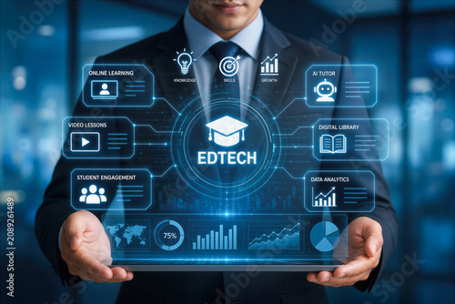 Business professional holding futuristic edtech hologram interface with digital icons data visualization online learning AI tutor digital library student engagement skills growth knowledge analytics