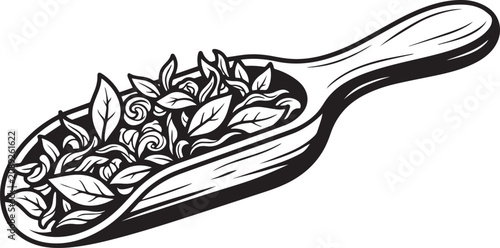 Wooden Scoop with Dried Tea Leaves Vector Illustration
