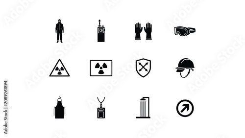 Bild auf Leinwand Minimalist black safety and hazard icon set featuring protective gear warning sy