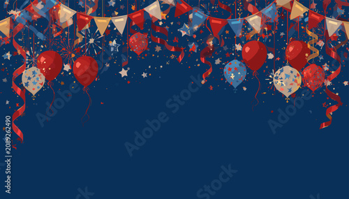Foto Festive patriotic celebration border with red white and blue balloons bunting ribbons and confetti on a dark blue background