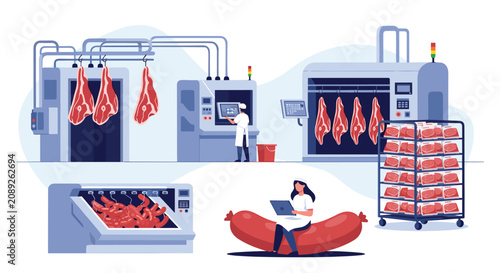 Modern meat processing plant illustration with workers managing automated machinery for steaks, sausages, and packaging.