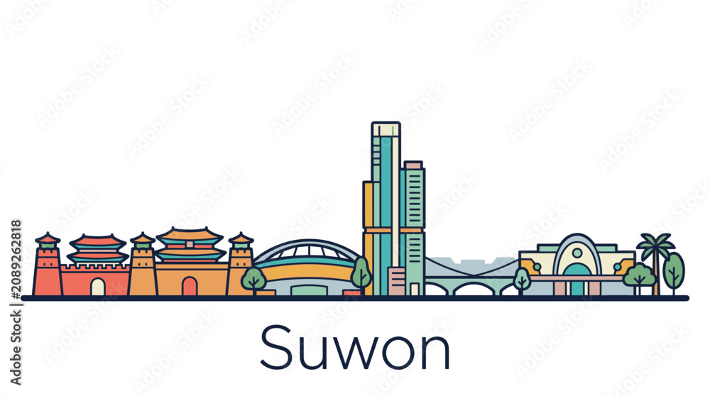 Fototapeta premium Suwon city skyline landmarks minimal vector illustration