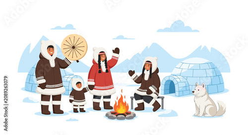 Inuit family dressed in traditional warm parkas standing near igloos with a campfire and a white sled dog in a snowy arctic landscape.