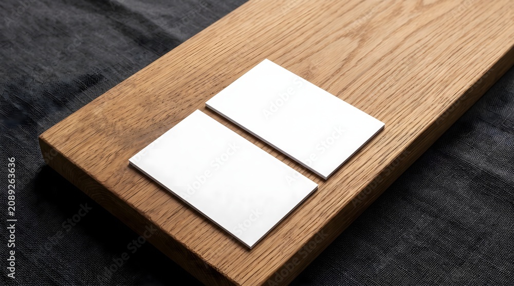 Fototapeta premium Blank white business cards on wooden board with dark fabric background