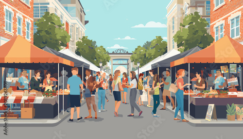 Принти на полотні A vibrant outdoor street market scene with numerous people browsing various stalls under orange tents, flanked by buildings and trees