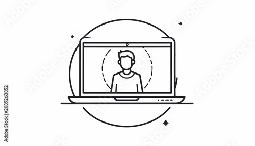 Man on laptop screen online meeting.