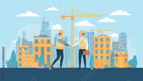 Foto Two construction professionals shaking hands in front of a city skyline with buildings and a crane, symbolizing a business deal or partnership in the construction industry