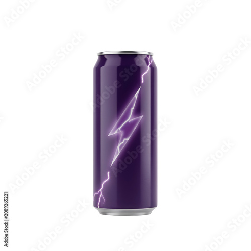 A purple aluminum beverage can featuring a glowing white lightning bolt isolated on a white background, representing energy drink product