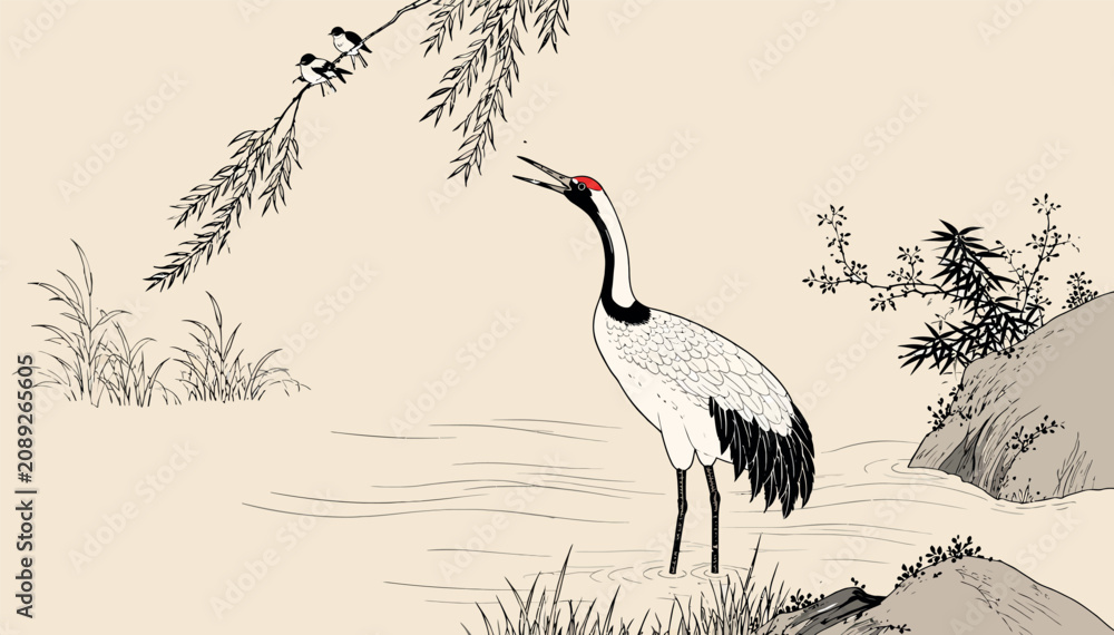 Fototapeta premium Traditional East Asian Ink Wash Painting Vector Illustration of a Red-crowned Crane Standing in a Stream Under Willow Branches with Small Birds, Serene Zen Nature Background for Design Art
