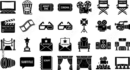 фотографія Set of 20 cinema and movie entertainment icons, vector glyph illustrations for f