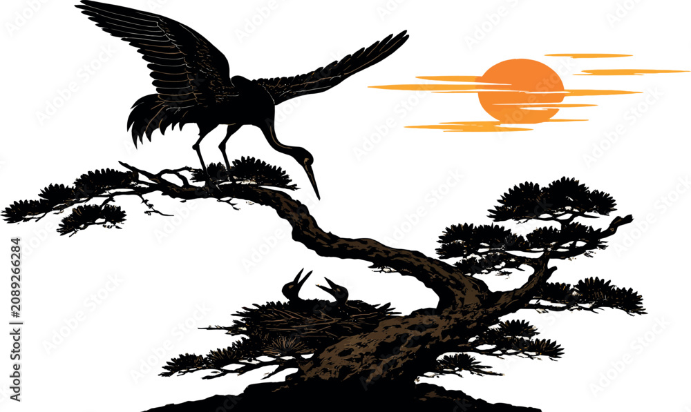 Fototapeta premium Japanese Style Silhouette Illustration of a Crane Bird Feeding Chicks in a Nest on a Pine Tree Branch with Orange Sun Background - Traditional Asian Nature Vector Art Concept