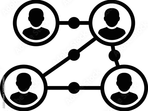 Flat icon representing social network connections and professional team collaboration link between four people silhouettes