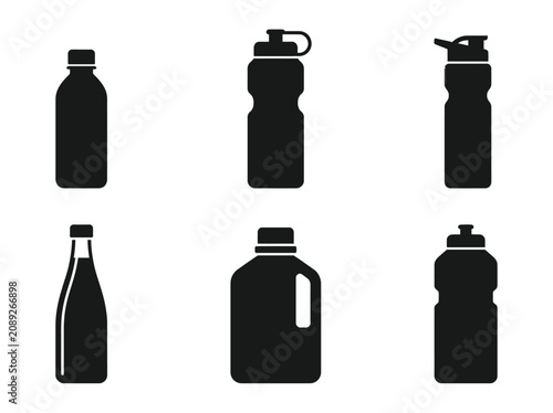 Set of Diverse Beverage Container Silhouettes Featuring Various Sport Water Bottles and Glass Drinkware Icons