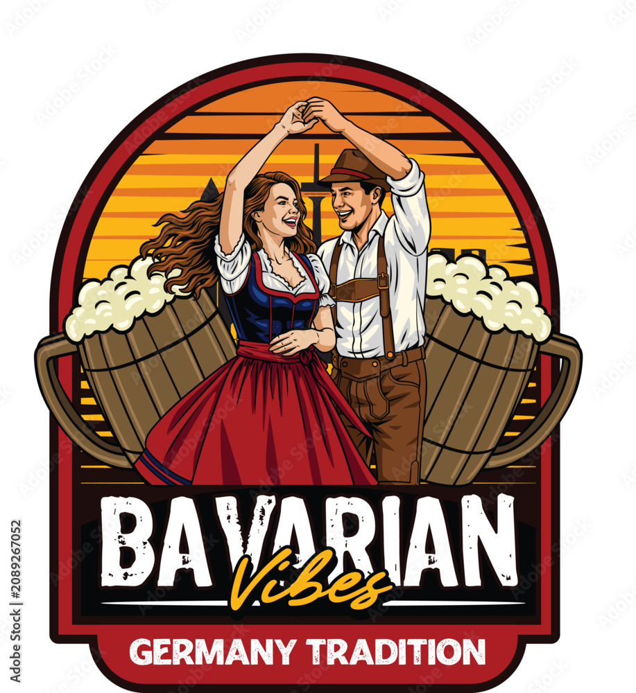 Obraz premium Detailed retro graphic illustration of a happy Bavarian couple dancing at Oktoberfest between two large overflowing beer mugs