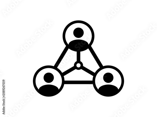 Vector icon of a social network connection with three users in a triangle structure representing teamwork and community referral concept