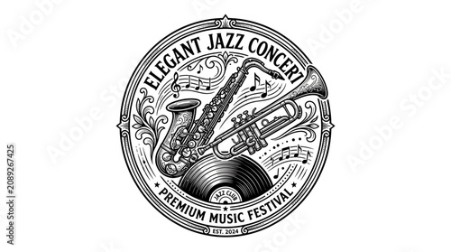 Cuadro en lienzo Elegant Jazz Concert Logo with Saxophone, Trumpet, and Vinyl Record