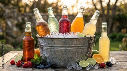 Colorful soda bottles in metal bucket with ice cubes. Assorted fruit flavored beverages for outdoor summer party. Refreshing cold drink selection on wooden table with fresh fruit.