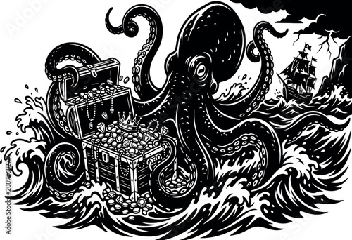 Εκτύπωση καμβά Giant Octopus Kraken Guarding Sunken Pirate Treasure Chest with Gold and Jewels