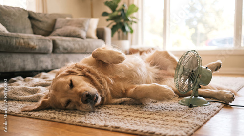 Golden retriever dog cooling down in front of electric fan