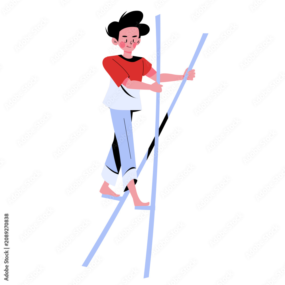 Fototapeta premium Man Climbing Bamboo Ladder During Indonesian Independence Day Games Flat Illustration
