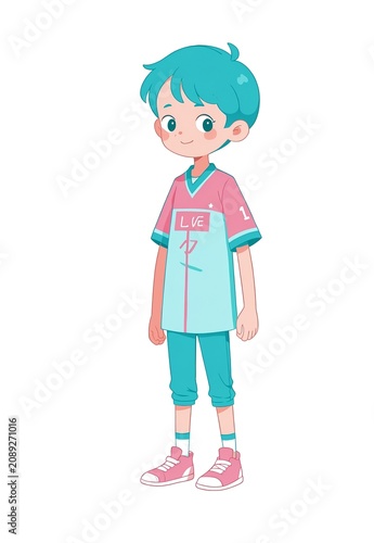 Boy wearing a sports jersey in neon teal and pink colors in the field simple flat illustration as clip art on white background