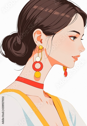 Woman wearing pearl earrings in neon red and yellow colors in the field simple flat illustration as clip art on white background