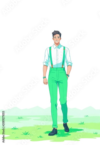 Man wearing suspenders in neon green and aqua colors in the field simple flat illustration as clip art on white background