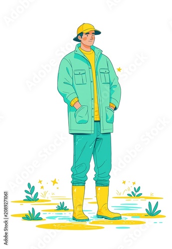 Male fisherman wearing rubber boots in neon aqua and yellow colors in the field simple flat illustration as clip art on white background