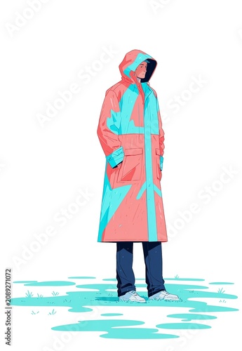 Man wearing a raincoat in neon coral and cyan colors in the field simple flat illustration as clip art on white background